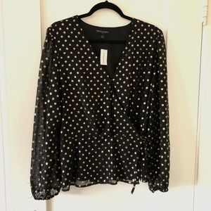Banana Republic Black & Metallic Gold Polka Dot Wrap Blouse - XL - NWT